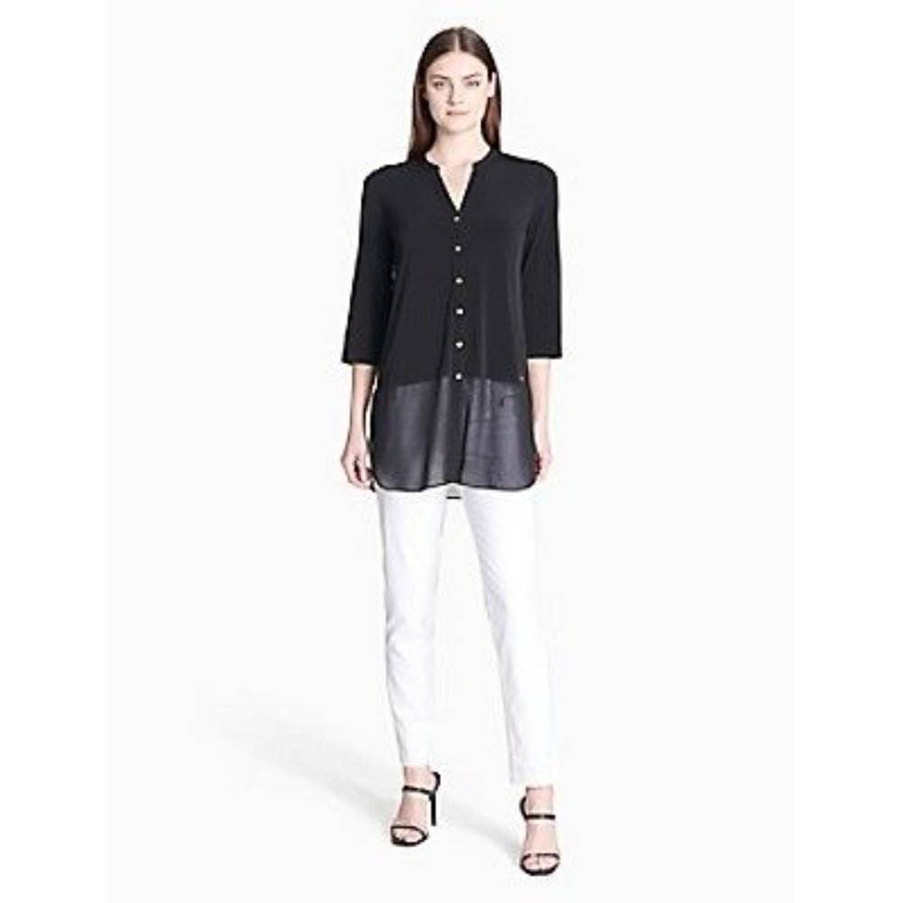 NWT Calvin Klein Chiffon Button-down Roll Sleeve Top Black Large